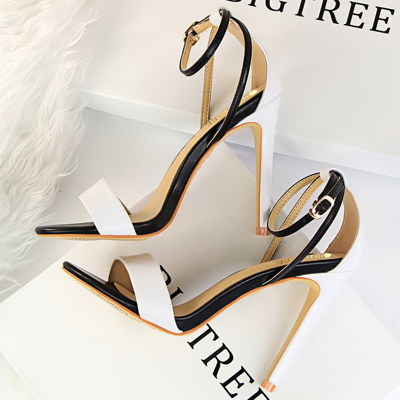 Spaghetti Strap Dress - Women Black-White Concise Leather 11cm High