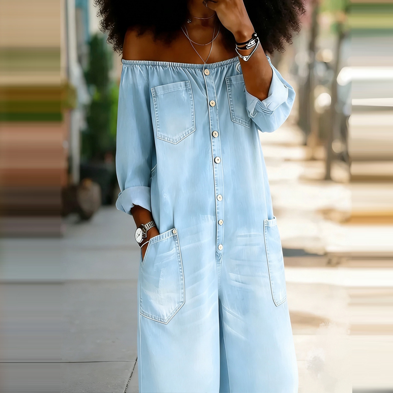 Elegant Off Shoulder Solid Den - огляд і ціна Women'S Fashion Vintage Off Shoulder Long Sleeve Jumpsuit